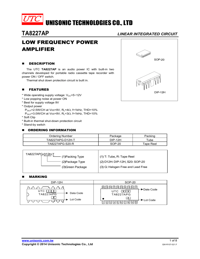 UNISONIC TECHNOLOGIES CO., LTD TA8227AP UNISONIC TECHNOLOGIES CO., LTD TA8227AP