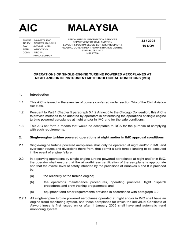 Operations Of Single Engine Turbine Powered - AIP-DCA Operations Of Single Engine Turbine Powered - AIP-DCA