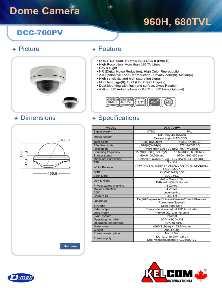 Dome Camera 960H, 680TVL Dome Camera 960H, 680TVL
