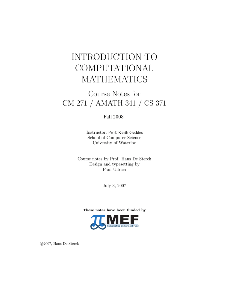 INTRODUCTION TO COMPUTATIONAL MATHEMATICS INTRODUCTION TO COMPUTATIONAL MATHEMATICS