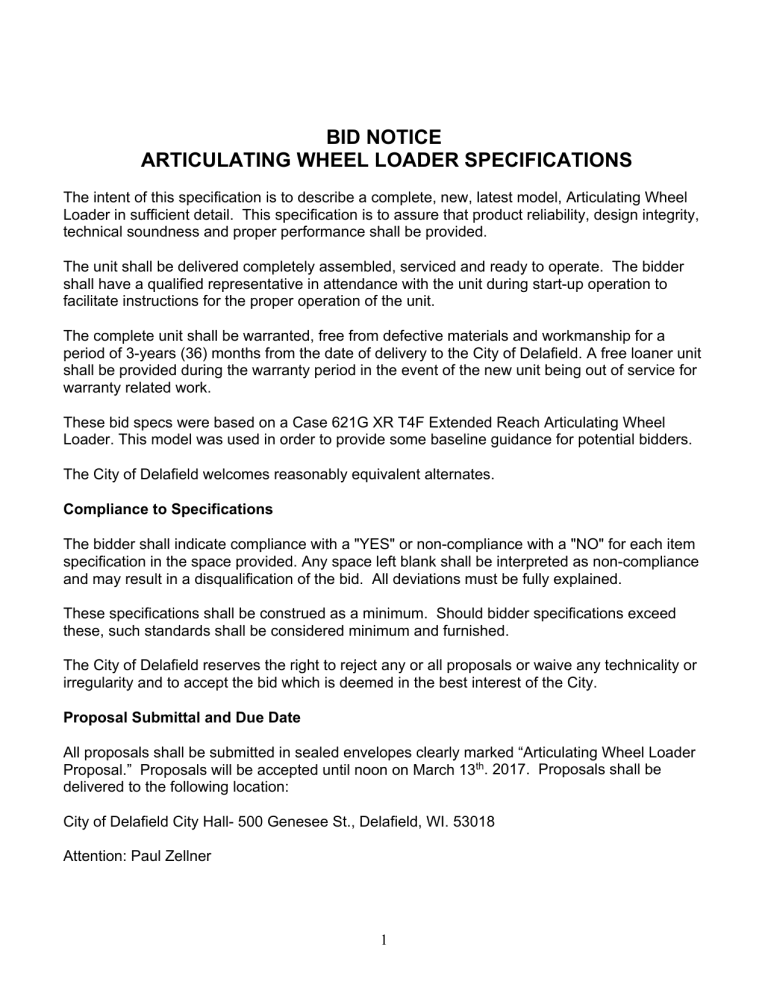 bid notice articulating wheel loader specifications bid notice articulating wheel loader specifications