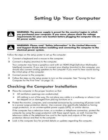 Setting Up Your Computer Setting Up Your Computer