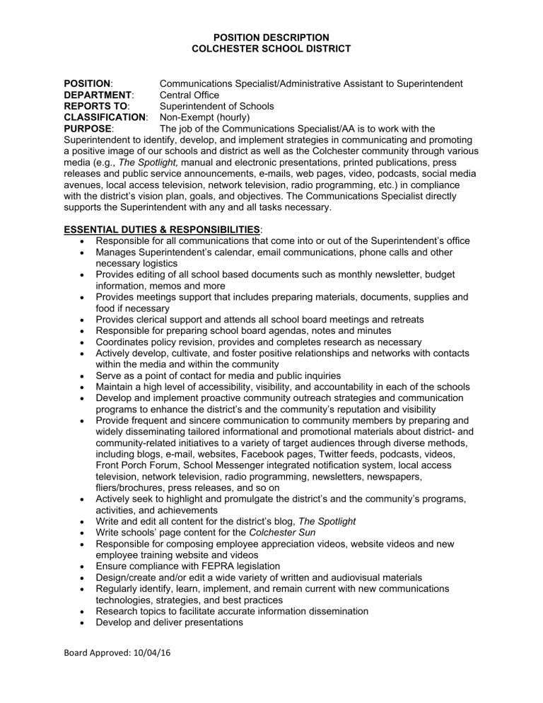 POSITION DESCRIPTION COLCHESTER SCHOOL DISTRICT POSITION DESCRIPTION COLCHESTER SCHOOL DISTRICT