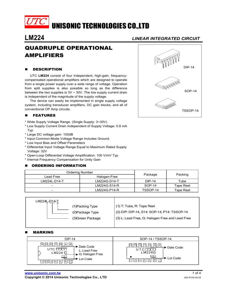 UNISONIC TECHNOLOGIES CO.,LTD LM224 UNISONIC TECHNOLOGIES CO.,LTD LM224