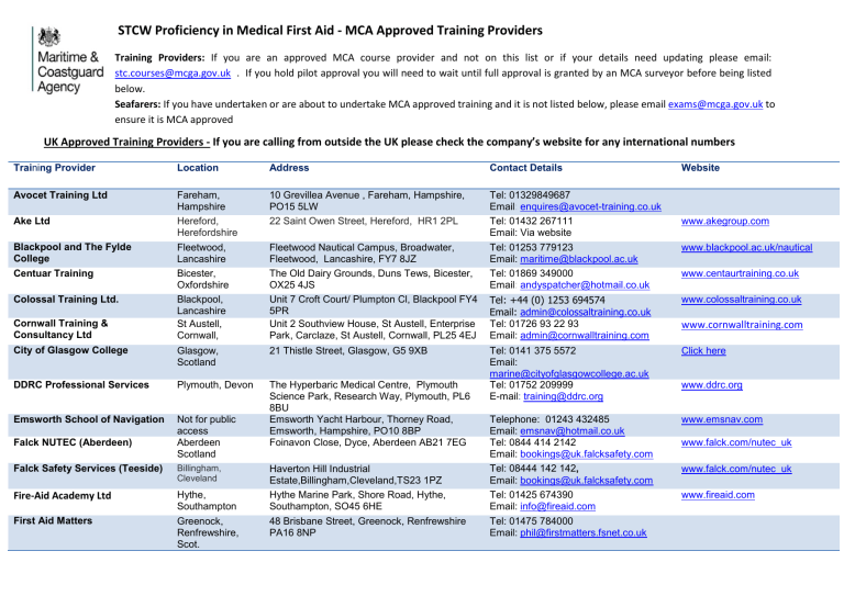 STCW Proficiency in Medical First Aid - MCA Approved STCW Proficiency in Medical First Aid - MCA Approved