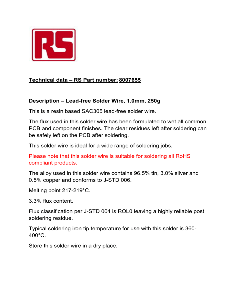 Lead-free Solder Wire, 1.0mm, 250g This is a resin based SAC305 Lead-free Solder Wire, 1.0mm, 250g This is a resin based SAC305