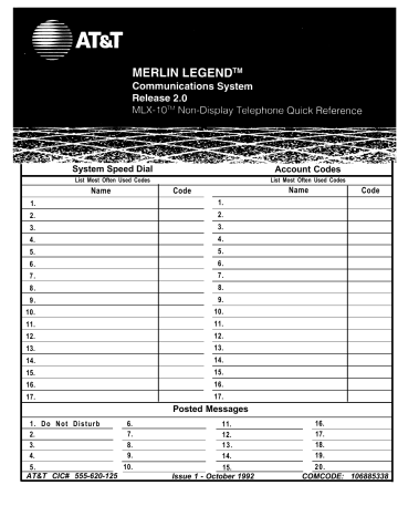 AT&T MERLIN LEGEND Release 2.0 MLX-10 Non-Display Telephone Quick Reference Manual | Manualzz