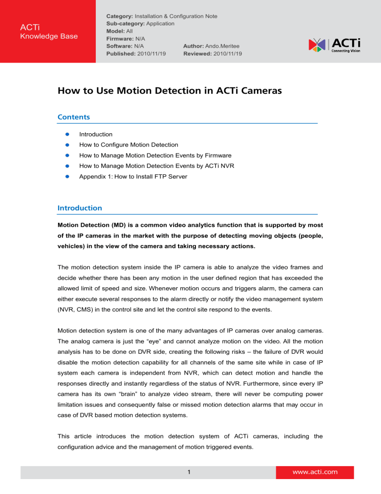 How to Use Motion Detection in ACTi Cameras How to Use Motion Detection in ACTi Cameras