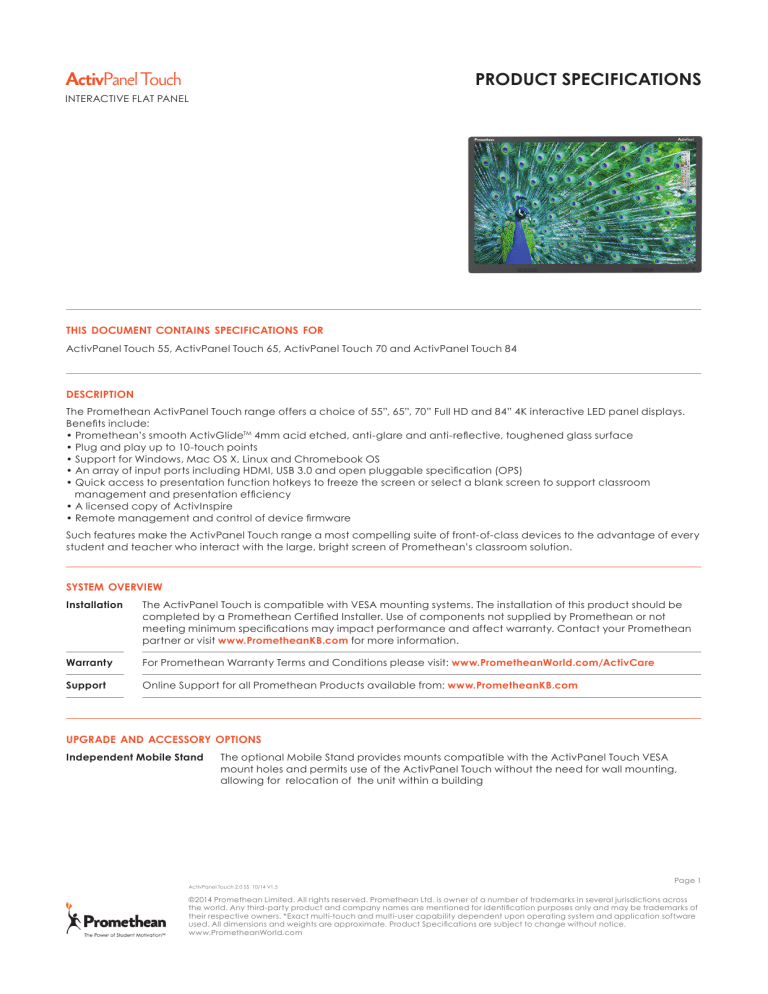 PRODUCT SPECIFICATIONS ActivPanel Touch PRODUCT SPECIFICATIONS ActivPanel Touch