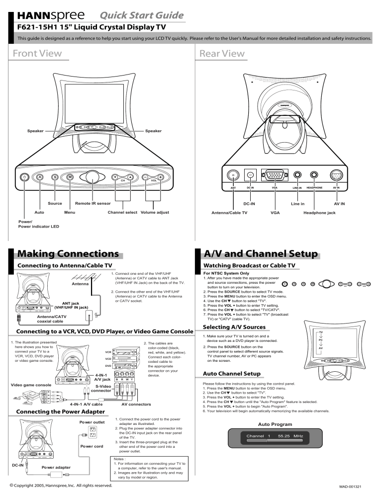 Quick Start Guide Front View Rear View Making Connections A/V Quick Start Guide Front View Rear View Making Connections A/V