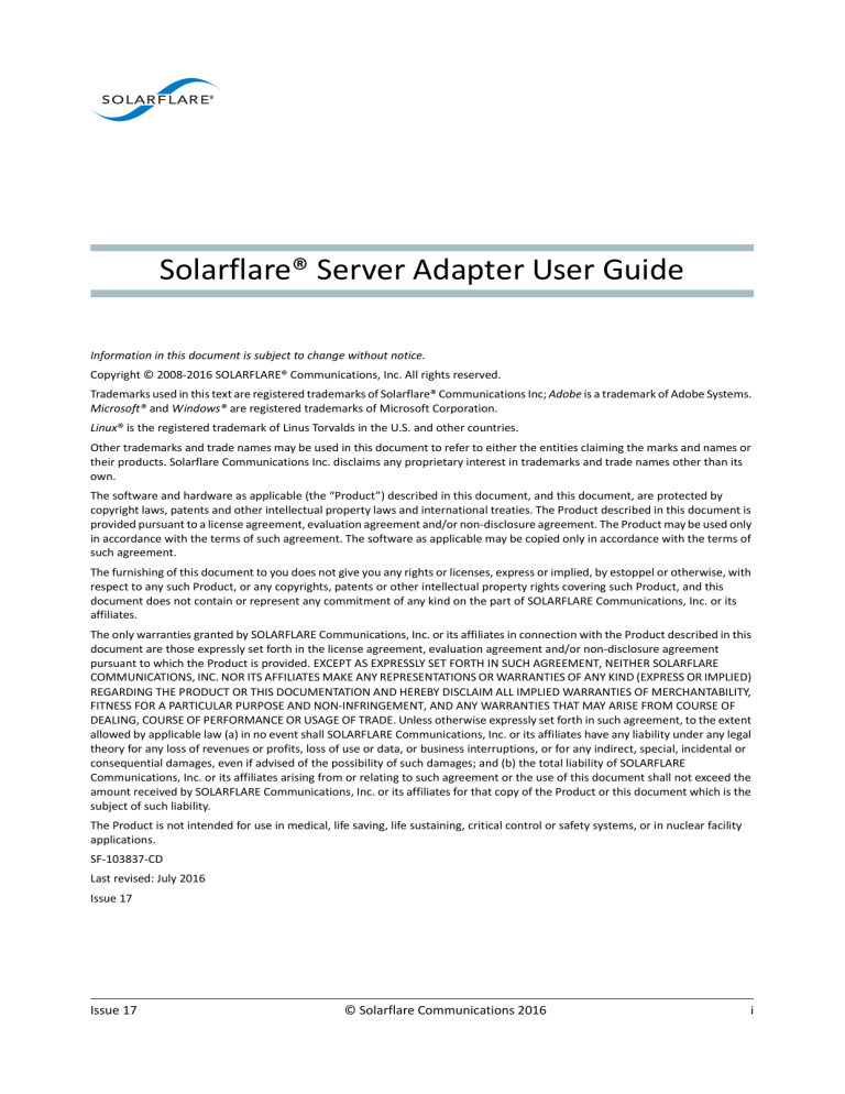 Solarflare Server Adapter User Guide Solarflare Server Adapter User Guide