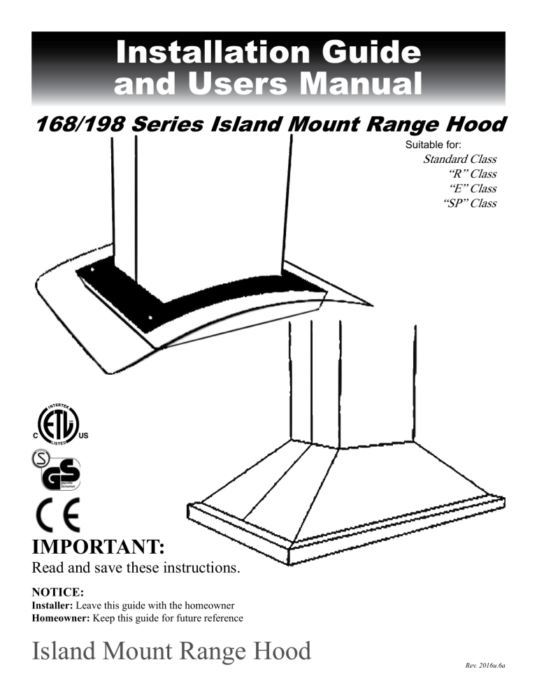 168 Series Island Mount Installation Guide and Users 168 Series Island Mount Installation Guide and Users