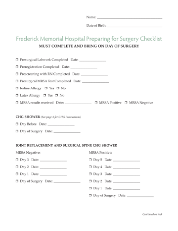Frederick Memorial Hospital Preparing for Surgery Checklist Frederick Memorial Hospital Preparing for Surgery Checklist