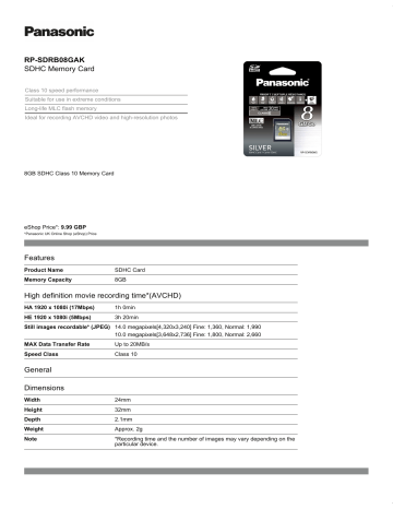 RP-SDRB08GAK SDHC Memory Card Features High definition RP-SDRB08GAK SDHC Memory Card Features High definition