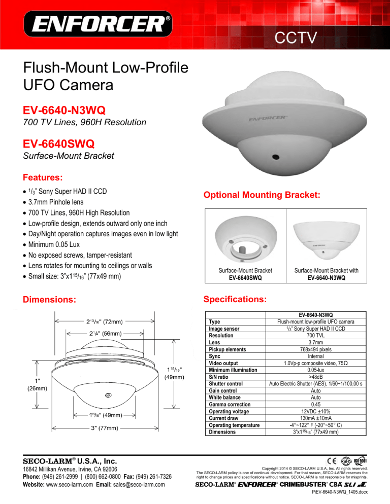 SECO-LARM EV-6640SWQ Datasheet SECO-LARM EV-6640SWQ Datasheet