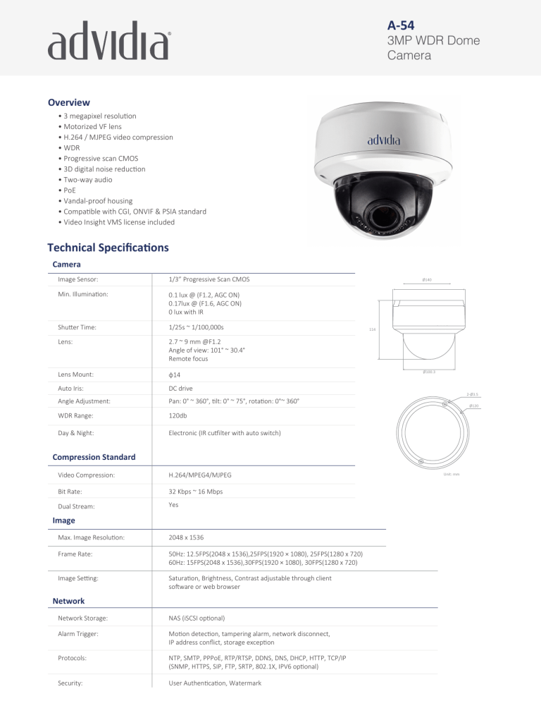 a-54 3mp wdr dome camera a-54 3mp wdr dome camera