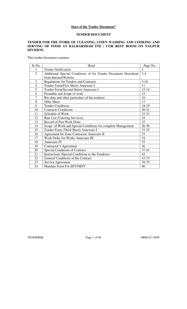 Start of the Tender Document* TENDER Start of the Tender Document* TENDER