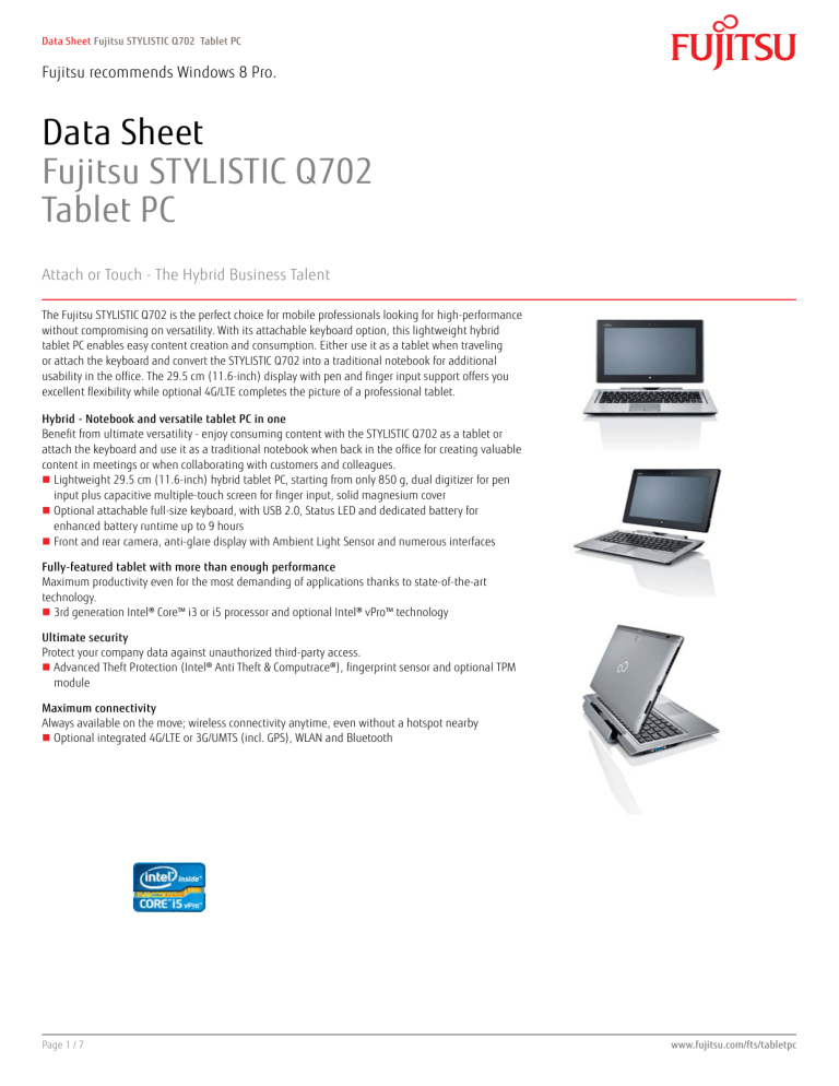Data Sheet Fujitsu STYLISTIC Q702 Tablet PC Data Sheet Fujitsu STYLISTIC Q702 Tablet PC