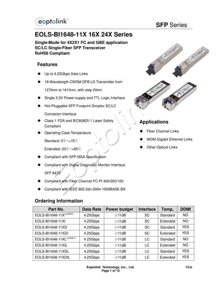 SFP Series EOLS-BI1648-11X 16X 24X Series SFP Series EOLS-BI1648-11X 16X 24X Series