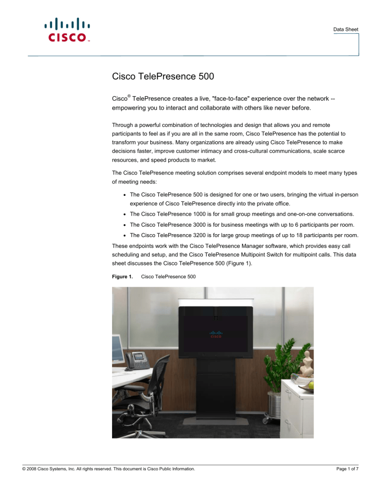 Cisco TelePresence 500 - Lyme Computer Systems Cisco TelePresence 500 - Lyme Computer Systems