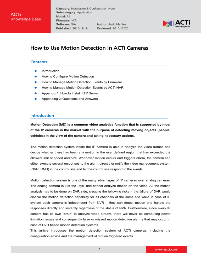 How to Use Motion Detection in ACTi Cameras How to Use Motion Detection in ACTi Cameras