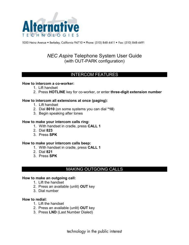 NEC Aspire Telephone System User Guide NEC Aspire Telephone System User Guide
