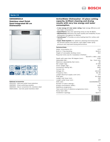 Bosch SMI66MS01A Serie 6 Semi-Integrated Dishwasher Specification | Manualzz