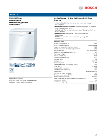 Bosch SMS50E32AU Serie 4 Freestanding Dishwasher Specification | Manualzz