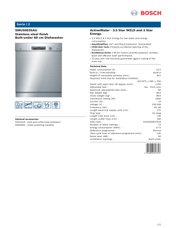 Bosch SMU50E05AU Serie 2 Under Bench Dishwasher Specification | Manualzz