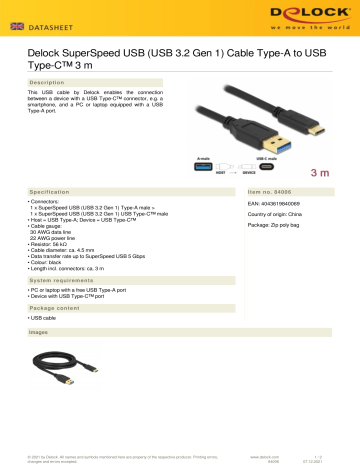 Delock 84006 SuperSpeed USB (USB 3.2 Gen 1) Cable Type-A to USB Type-C™ 3 m Data Sheet | Manualzz