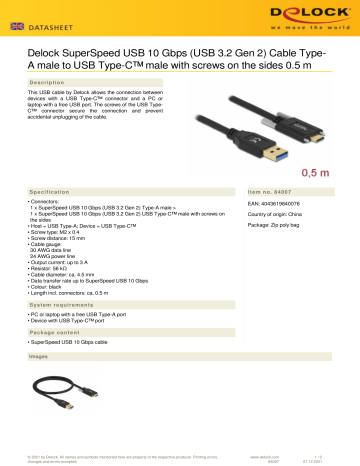 Delock 84007 SuperSpeed USB 10 Gbps (USB 3.2 Gen 2) Cable Type-A male to USB Type-C™ male Data Sheet | Manualzz