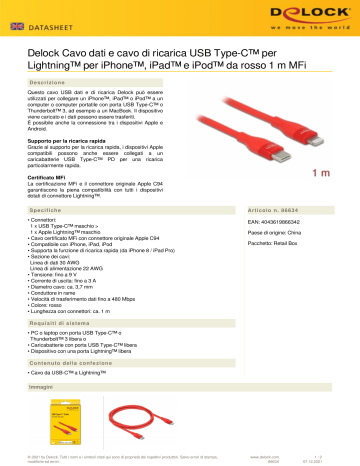 DeLOCK 86634 Data and charging cable USB Type-C™ to Lightning™ for iPhone™, iPad™ and iPod™ red 1 m MFi Scheda dati | Manualzz