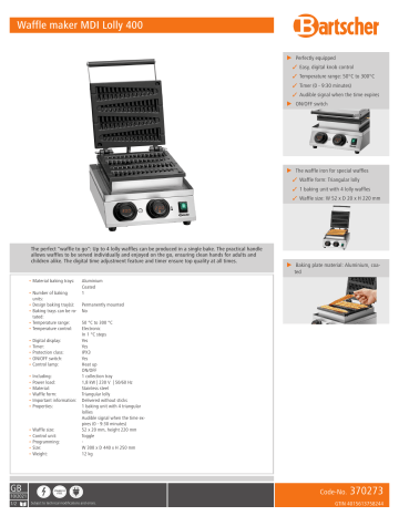 Bartscher 370273 Waffle maker MDI Lolly 400 Data sheet | Manualzz Bartscher 370273 Waffle maker MDI Lolly 400 Data sheet | Manualzz