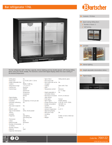 Bartscher 700122 Bar refrigerator 176L Data sheet | Manualzz Bartscher 700122 Bar refrigerator 176L Data sheet | Manualzz