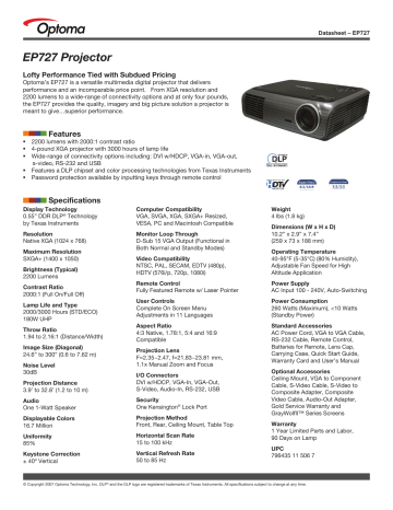 Optoma EP727 Projector Product sheet | Manualzz