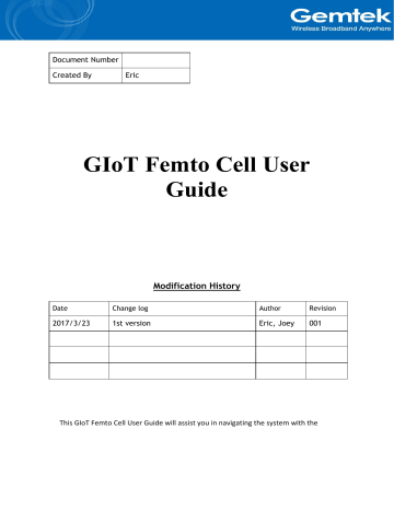Gemtek Technology MXF-WLRGFM100 IOTFemto Gateway User Manual | Manualzz Gemtek Technology MXF-WLRGFM100 IOTFemto Gateway User Manual | Manualzz