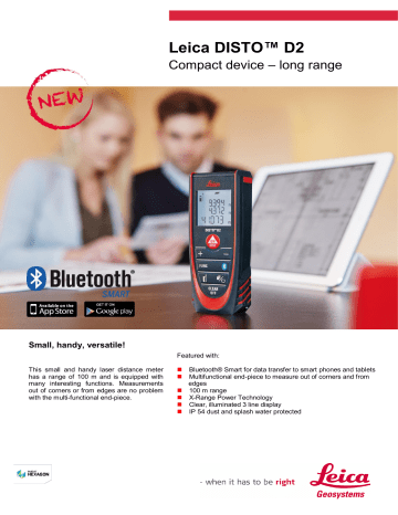 Leica Geosystems 838725 Leica DISTO D2 New 330ft Laser Distance Measure Specifications | Manualzz