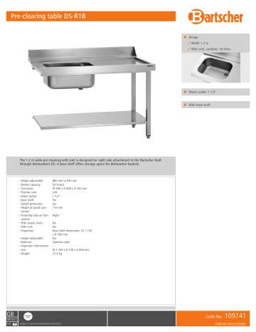 Bartscher 109741 Pre-clearing table DS-R1B Data sheet | Manualzz Bartscher 109741 Pre-clearing table DS-R1B Data sheet | Manualzz