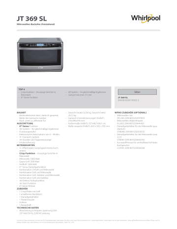 Whirlpool JT 369 SL Microwave Produktdatenblatt Manualzz