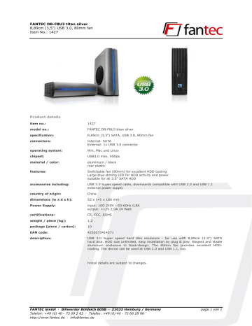 Fantec DB-F8U3 Hdd/Ssd Enclosure Leaflet | Manualzz