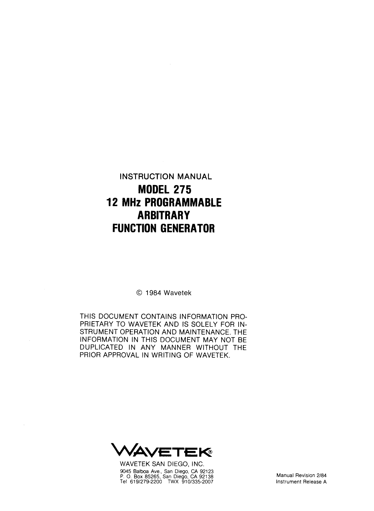 Ops/Maintenance WAVETEK 175 Arbitrary Waveform Generator instruction Manual 