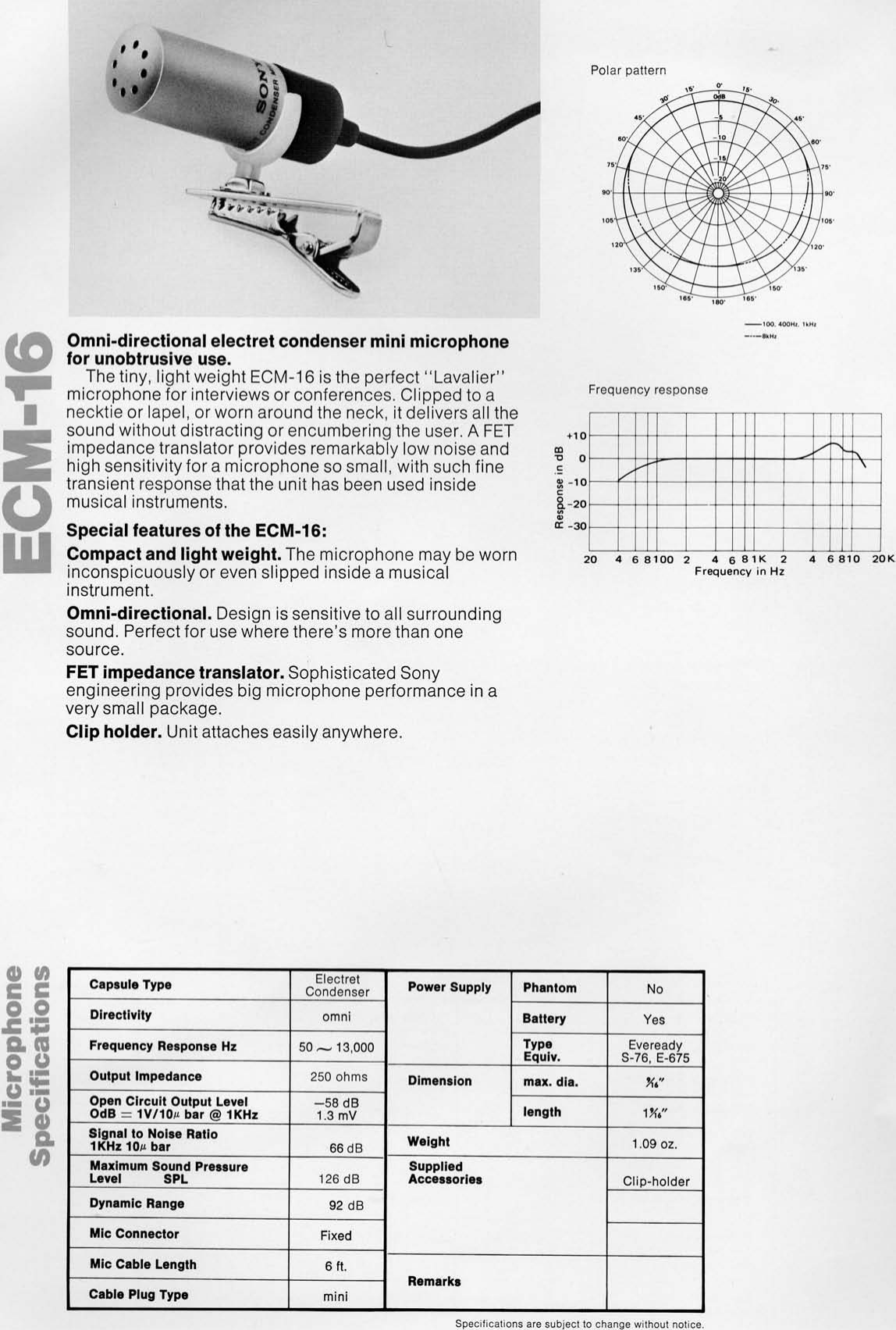 Sony ECM16 and ECM31M microphone specification sheet Manualzz