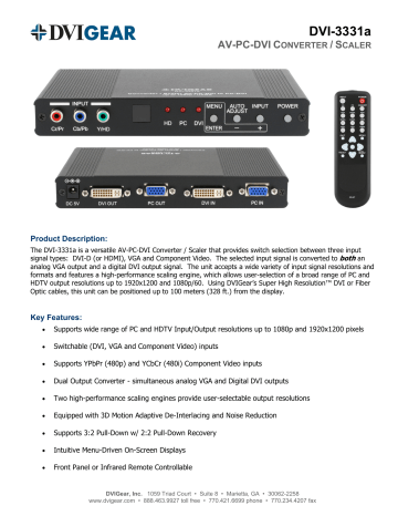 DVIGear DVI-3331a AV-PC-DVI to PC-DVI Converter / Scaler Data Sheet | Manualzz