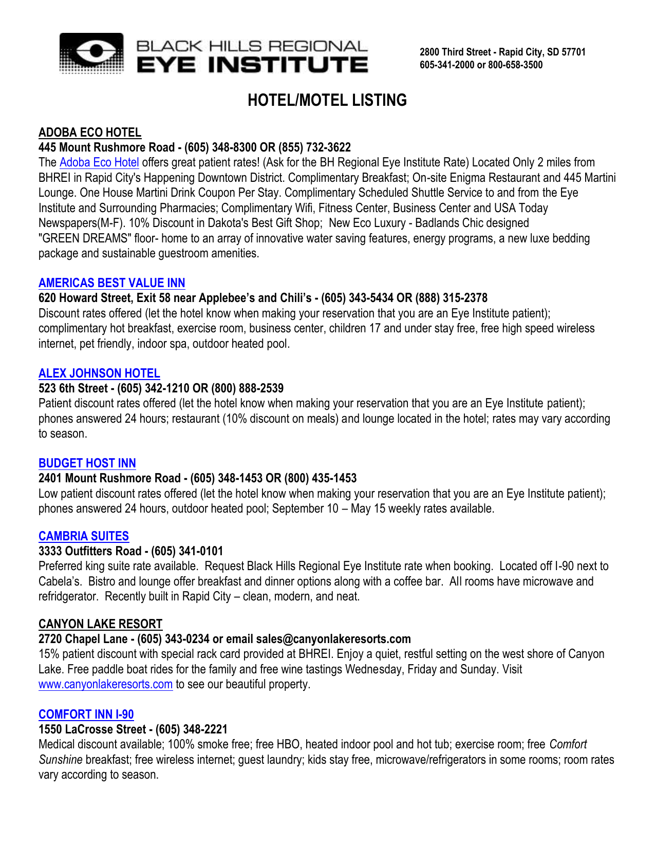 Hotel Motel Listing Black Hills Regional Eye Institute