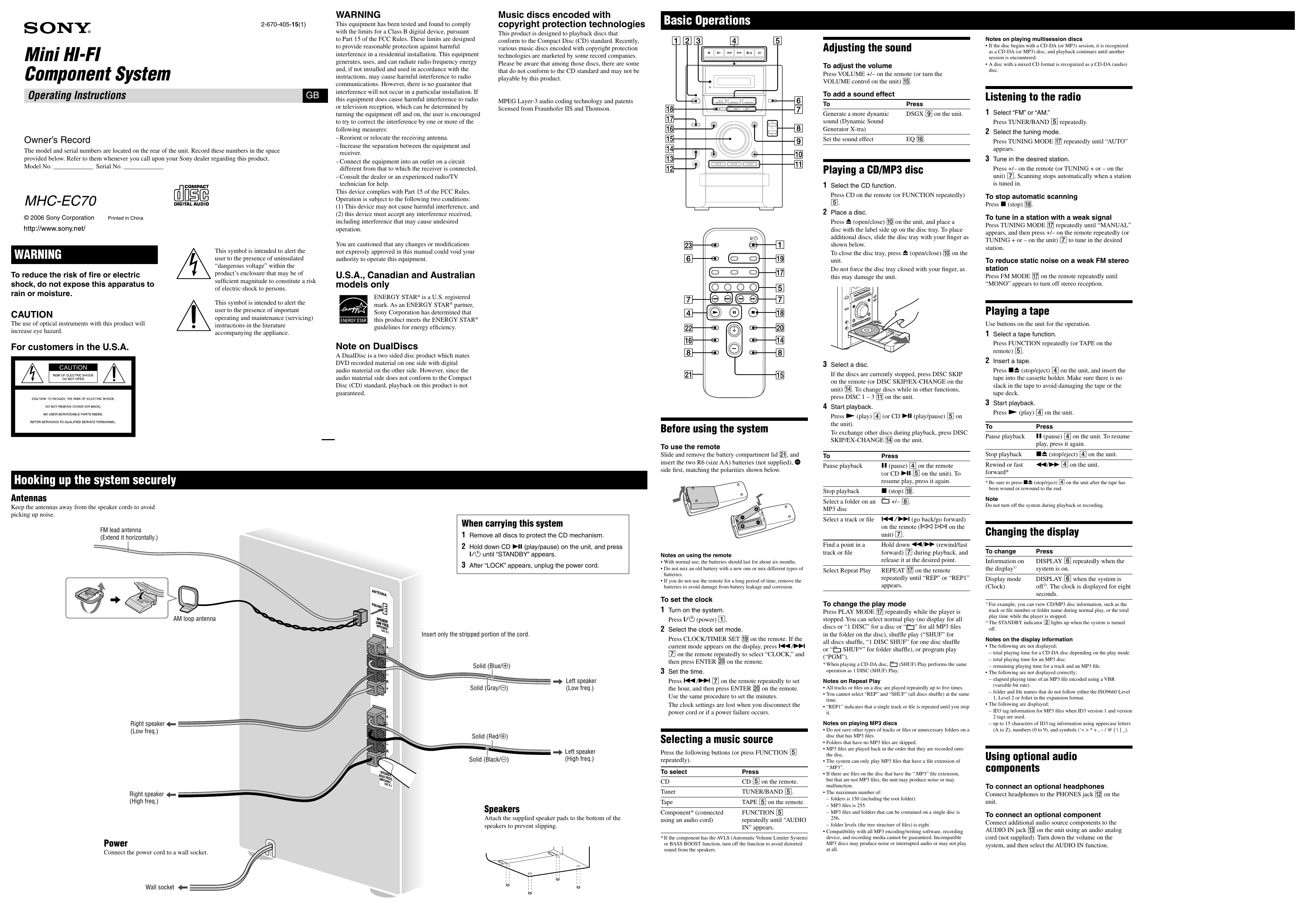 Sony MHC-EC70 Operating Instructions | Manualzz