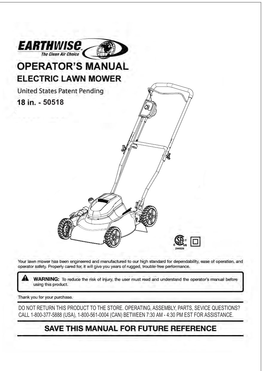 EARTHWISE OPERATOR'S MANUAL ELECTRIC LAWN MOWER 18 IN 50518