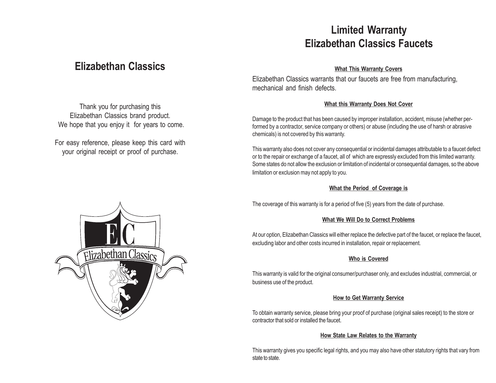 Elizabethan Classics Limited Warranty Elizabethan Classics Faucets