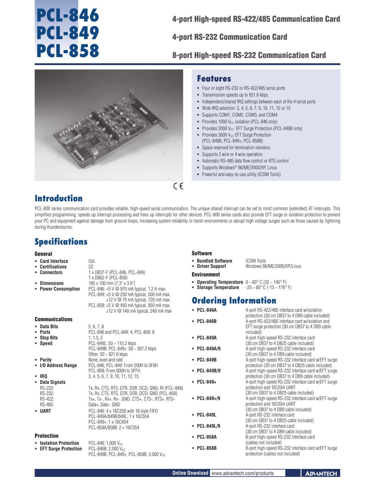 PCL-846A 4 PORT RS-422//485 HIGH SPEED ISOLATED COM CARD