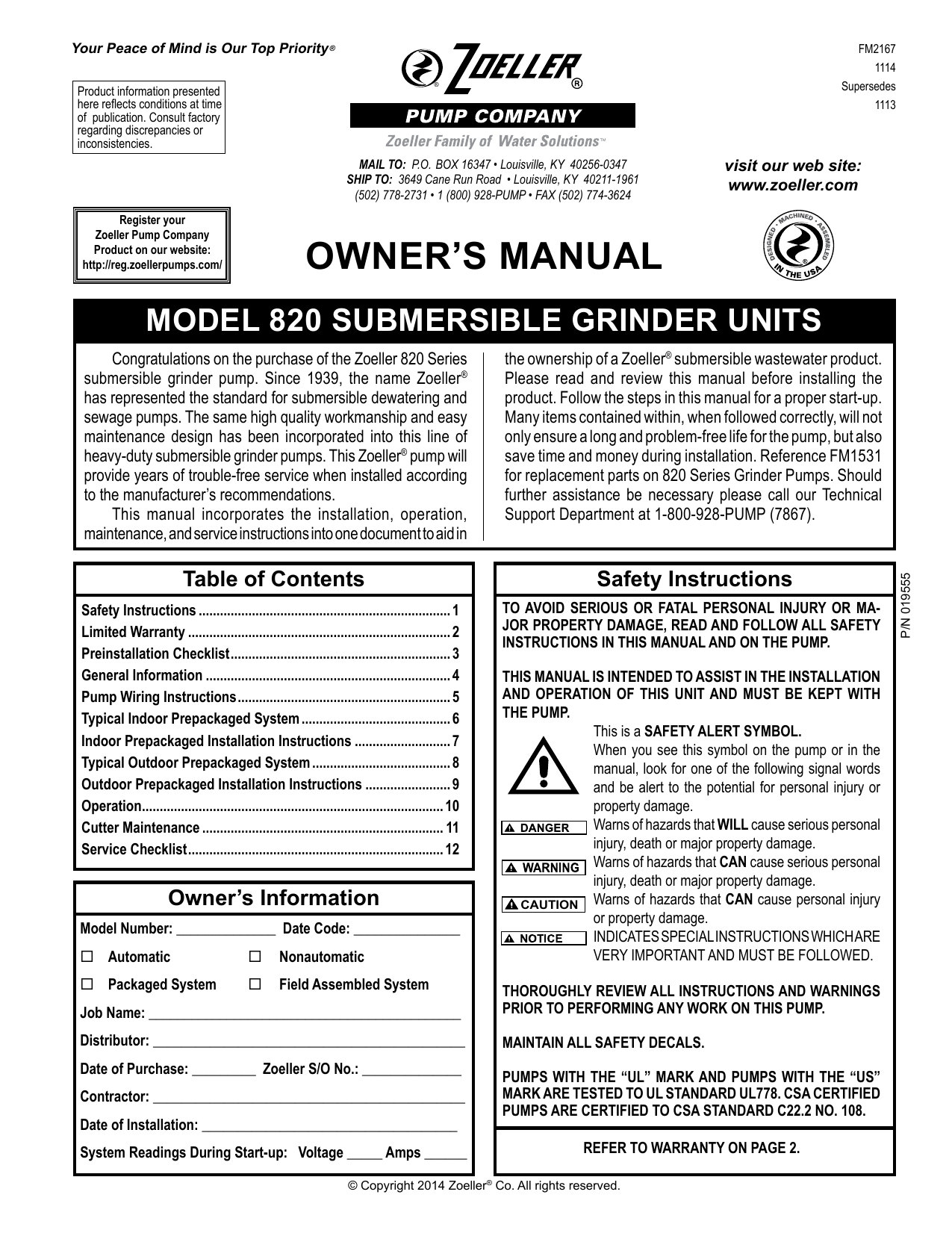 Zoeller i820 Owner's Manual Manualzz