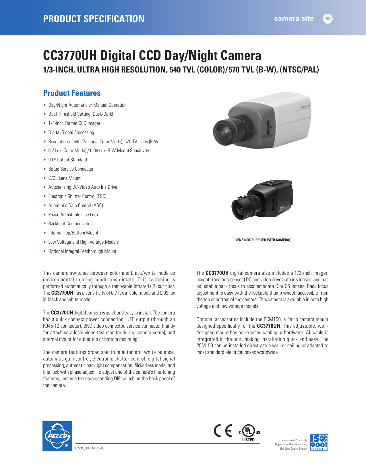 Pelco Cc3770uh Digital Ccd Day Night Camera Spec Manualzz